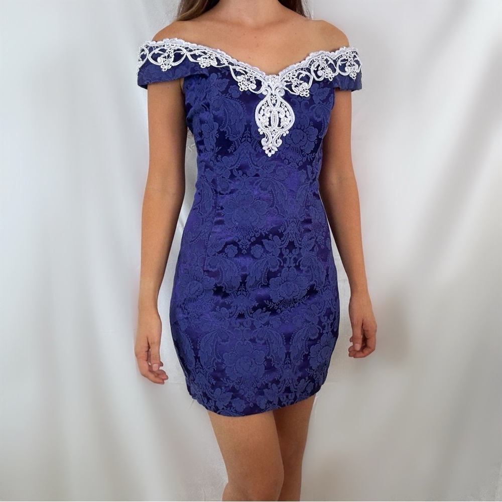 Vintage Jessica McClintock Gunne Sax blue jacquard lace mini dress formal